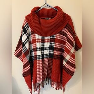 Red plaid loose turtle neck pull on sweater poncho.